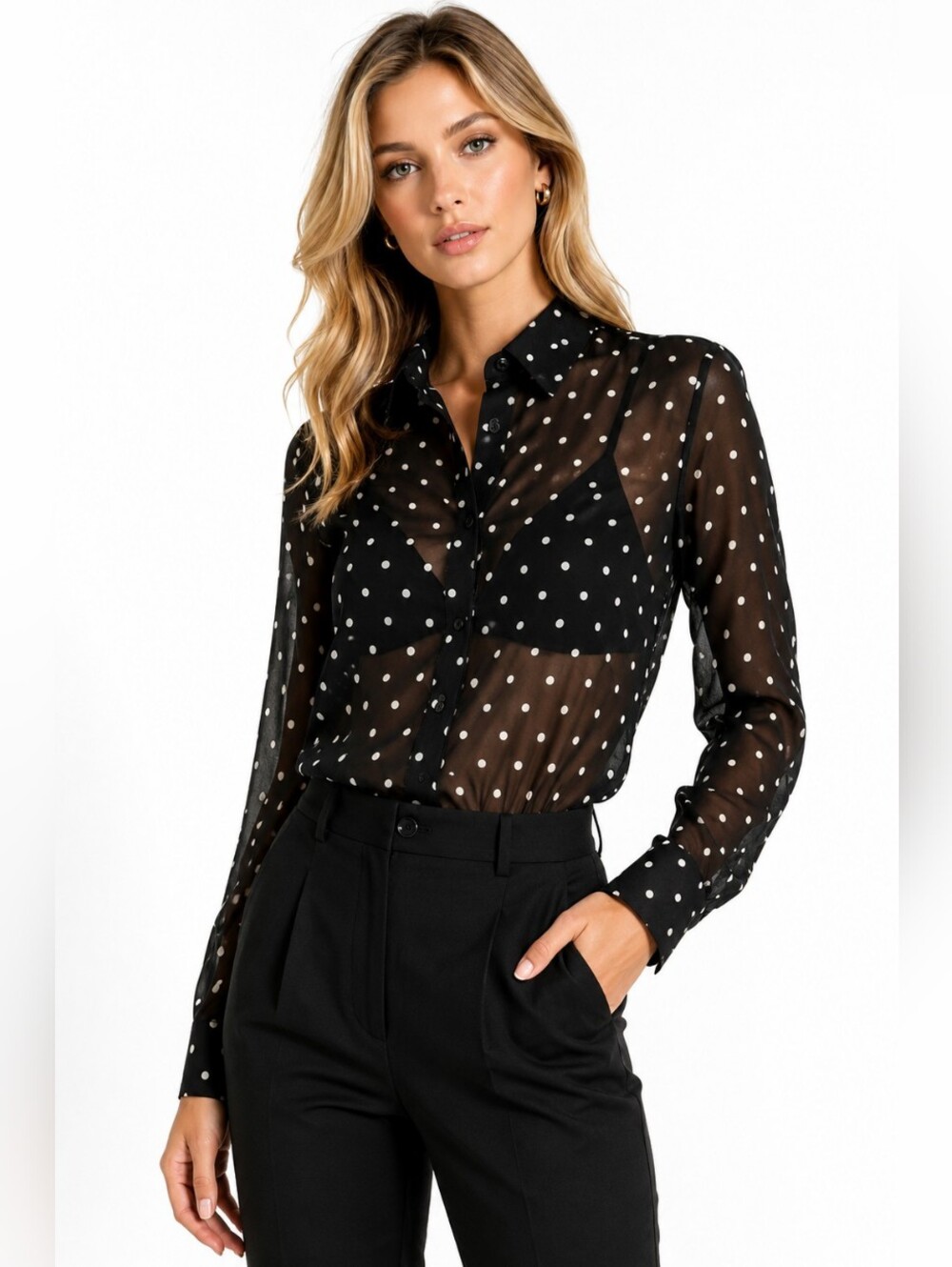 Dolce & Gabbana Black Polka Dot Sheer Silk Button Down Blouse Size 44 M Italy